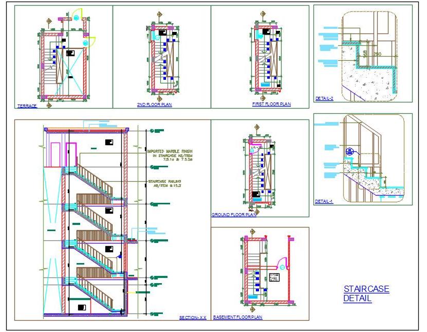 Architecture Staircase DWG Sections & Handrail Fixing Detail